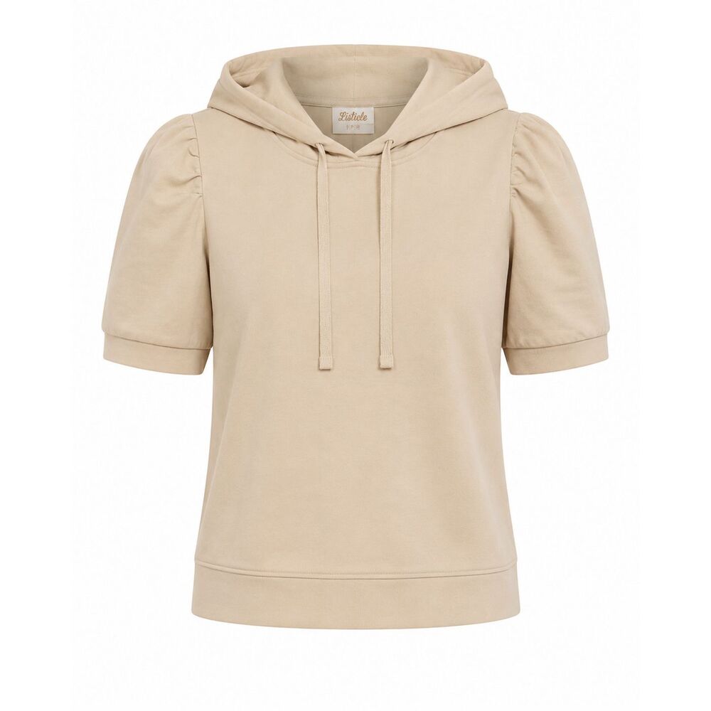 Listicle Short Sleeve Hoodie Womens Size M Puff Sleeve Drawstring Hood Beige